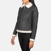 Women B3 Black & White Leather Bomber Jacket